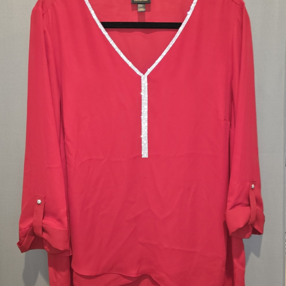 Women's Red Diamond Embellished V-Neck Blouse